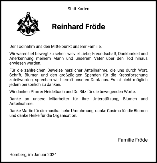Todesanzeige von Reinhard Fröde von HNAHNAHNA