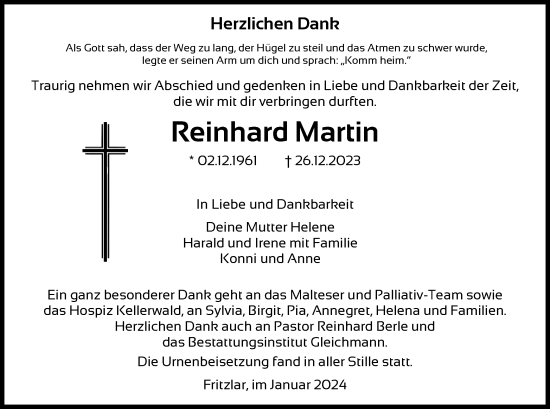 Todesanzeige von Reinhard Martin von HNA