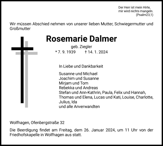 Todesanzeige von Rosemarie Dalmer von HNA