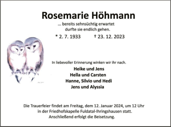 Todesanzeige von Rosemarie Höhmann von HNA