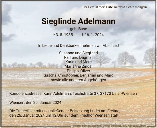 Todesanzeige von Sieglinde Adelmann von HNA