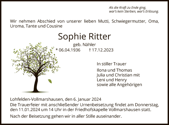 Todesanzeige von Sophie Ritter von HNA