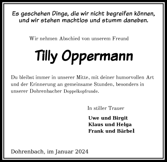 Todesanzeige von Tilly Oppermann von HNA