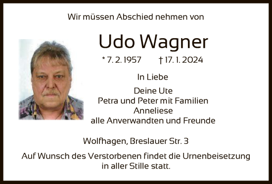 Todesanzeige von Udo Wagner von HNA