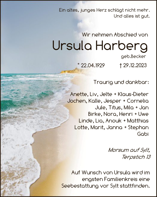 Todesanzeige von Ursula Harberg von HNA