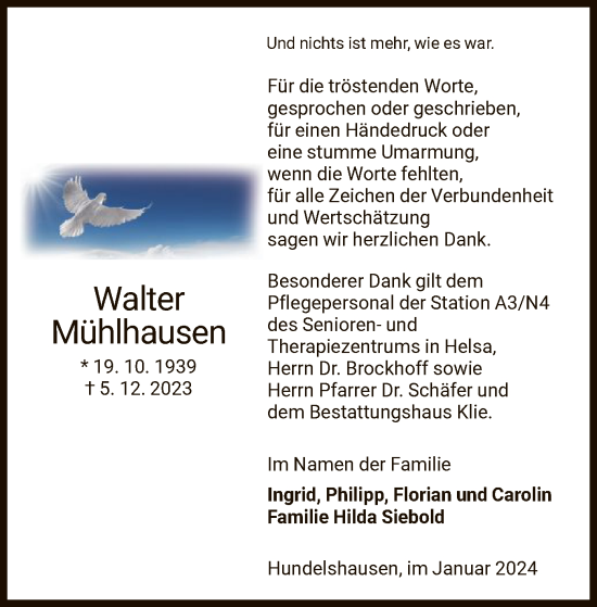 Todesanzeige von Walter Mühlhausen von HNA