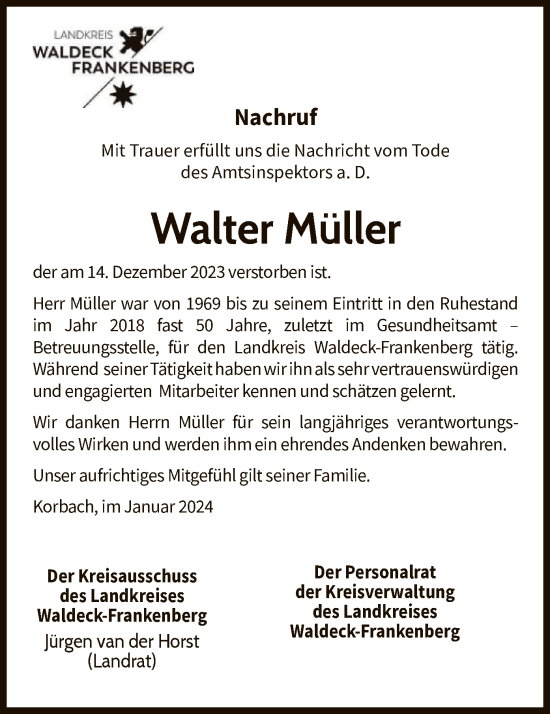 Todesanzeige von Walter Müller von HNA
