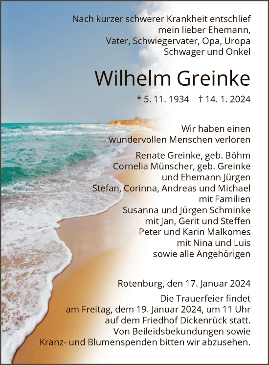 Todesanzeige von Wilhelm Greinke von HNA