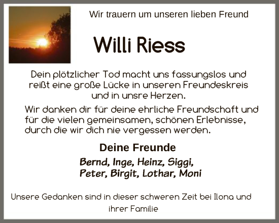Todesanzeige von Willi Riess von HNA