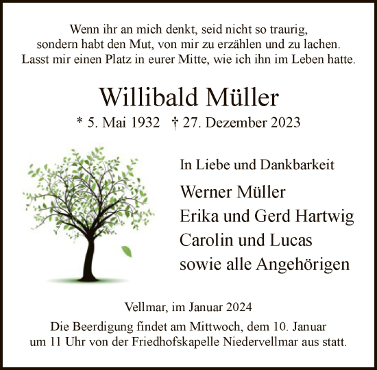 Todesanzeige von Willibald Müller von HNA