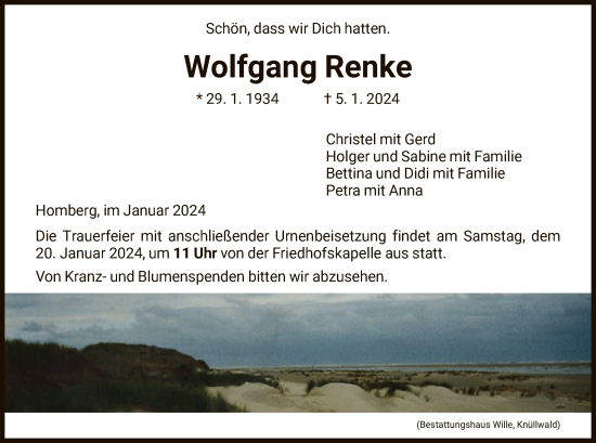 Todesanzeige von Wolfgang Renke von HNA