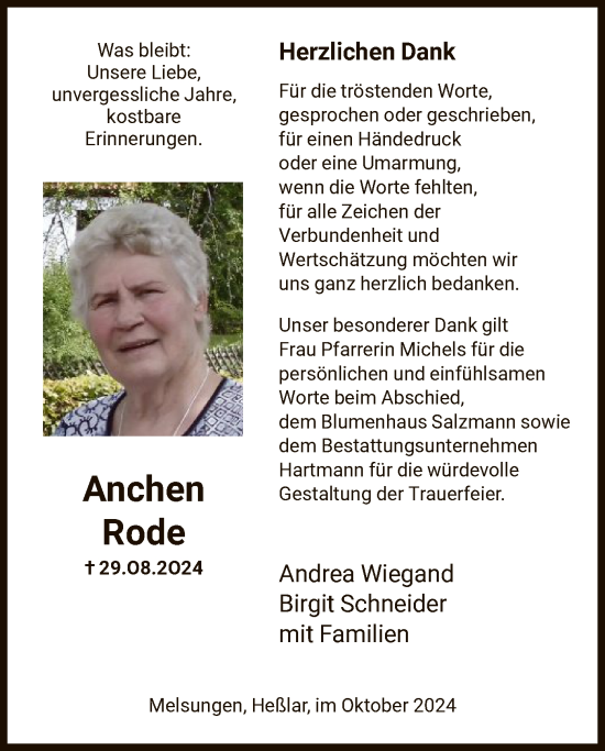 Todesanzeige von Anchen Rode von HNA