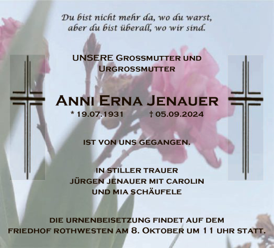 Todesanzeige von Anni Jenauer von HNA