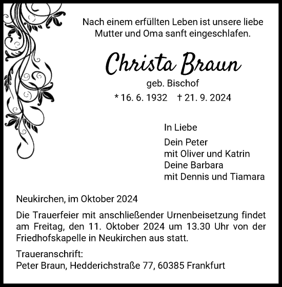 Todesanzeige von Christa Braun von HNA