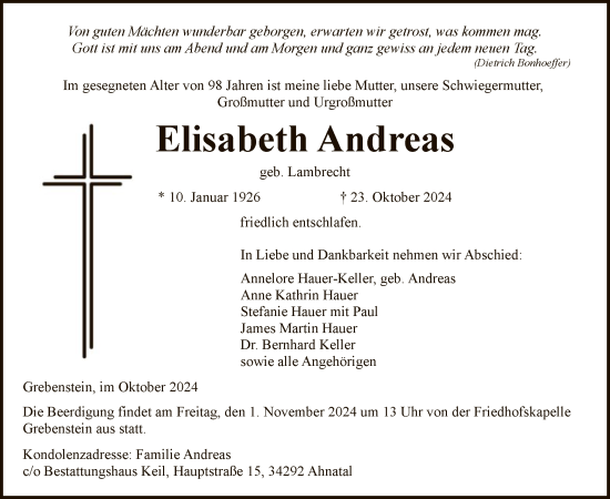 Todesanzeige von Elisabeth Andreas von HNA