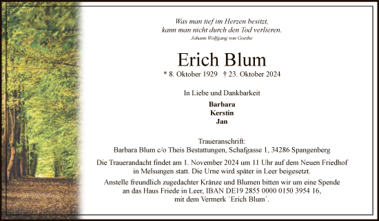 Todesanzeige von Erich Blum von HNA