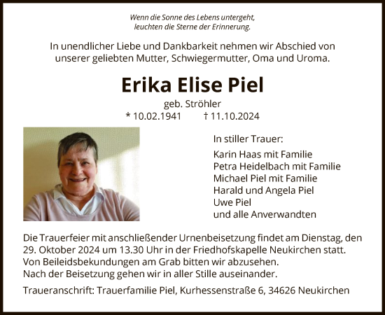 Todesanzeige von Erika Elise Piel von HNA