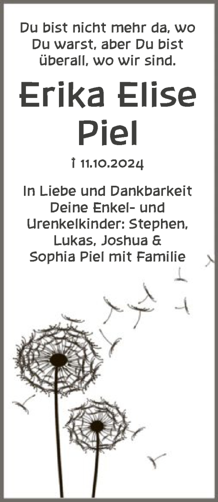 Todesanzeige von Erika Elise Piel von HNA