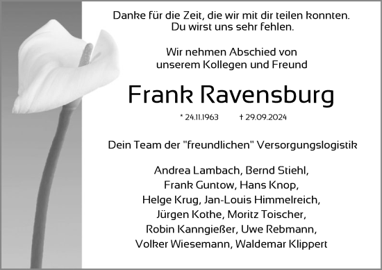 Todesanzeige von Frank Ravensburg von HNA