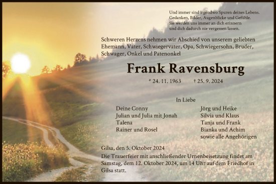 Todesanzeige von Frank Ravensburg von HNA