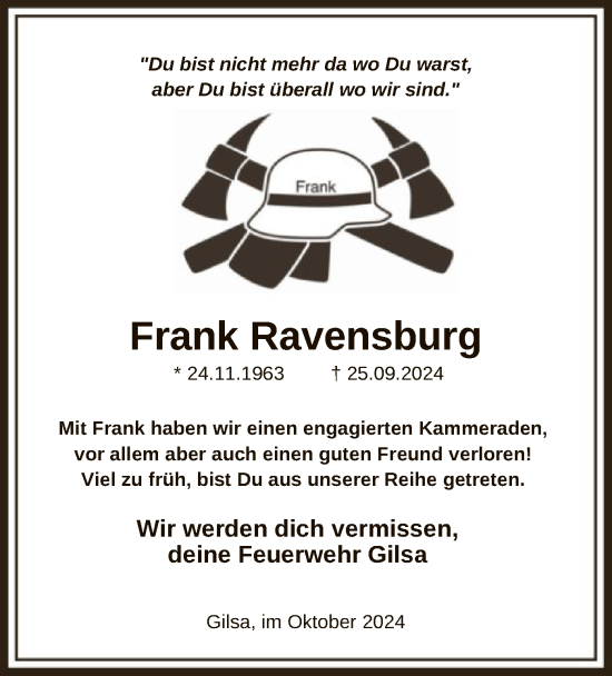 Todesanzeige von Frank Ravensburg von HNA