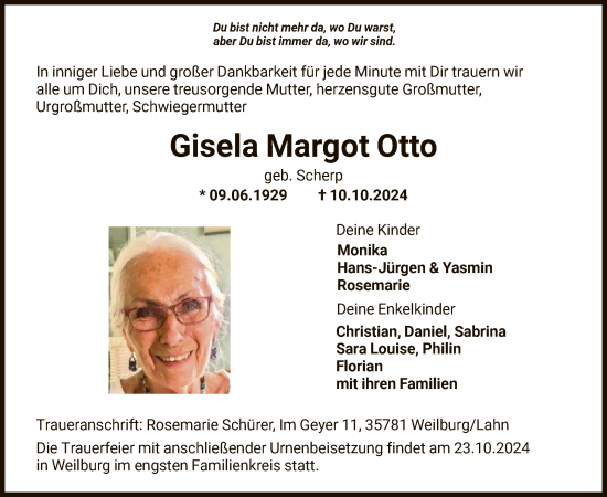 Todesanzeige von Gisela Margot von HNA