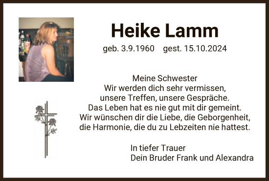 Todesanzeige von Heike Lamm von HNA