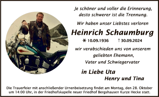 Todesanzeige von Heinrich Schaumburg von HNA