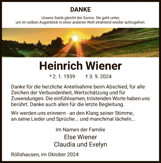 Todesanzeige von Heinrich Wiener von HNA