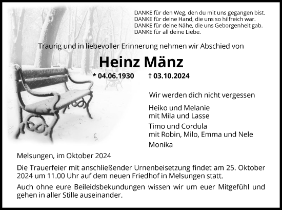 Todesanzeige von Heinz Mänz von HNA