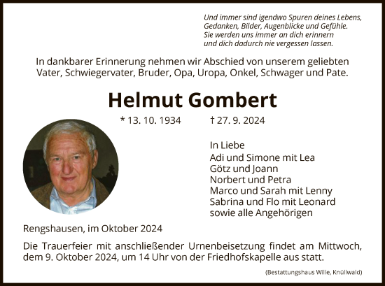 Todesanzeige von Helmut Gombert von HNA