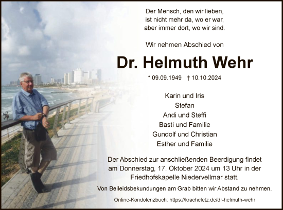 Todesanzeige von Helmuth Wehr von HNAHNAHNA