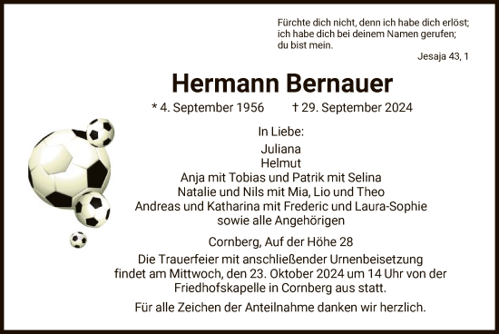Todesanzeige von Hermann Bernauer von HNA