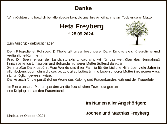 Todesanzeige von Heta Freyberg von HNA