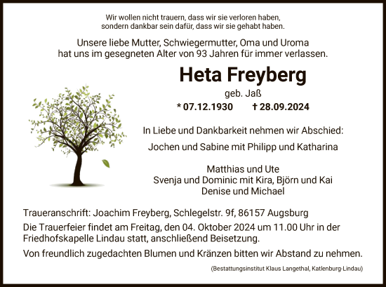 Todesanzeige von Heta Freyberg von HNA