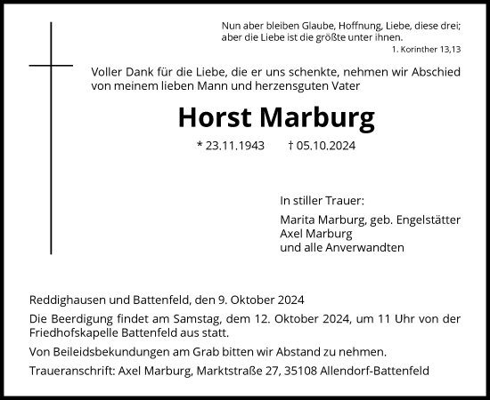 Todesanzeige von Horst Marburg von HNA