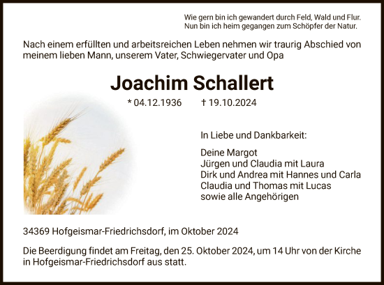 Todesanzeige von Joachim Schallert von HNA