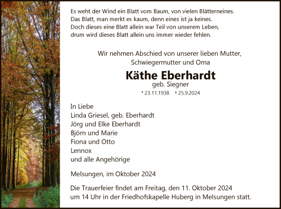 Todesanzeige von Käthe Eberhardt von HNA