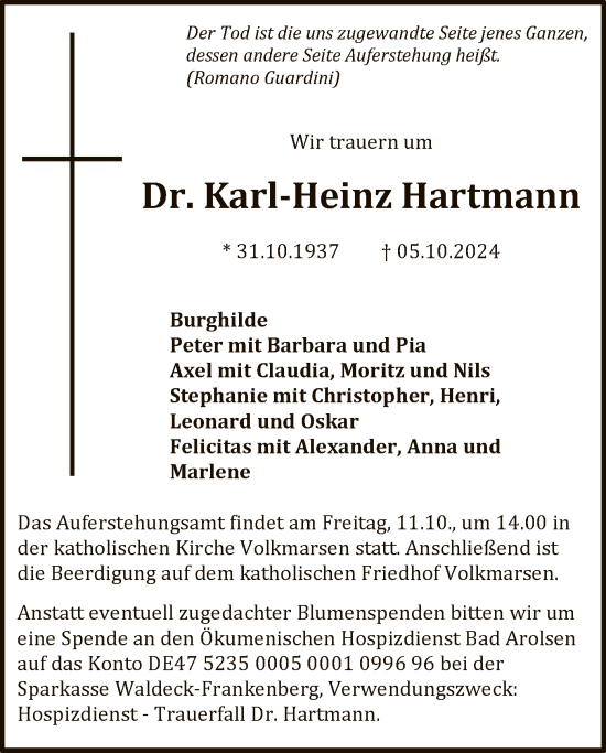 Todesanzeige von Karl-Heinz Hartmann von WLZHNA