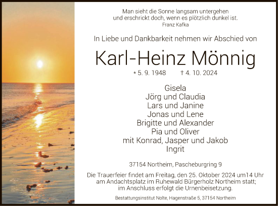 Todesanzeige von Karl-Heinz Mönning von HNA
