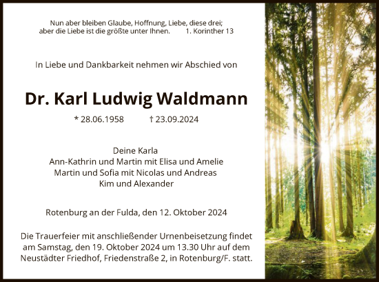 Todesanzeige von Karl Ludwig Waldmann von HNAHNA