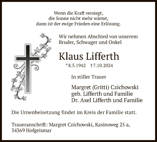 Todesanzeige von Klaus Lifferth von HNA