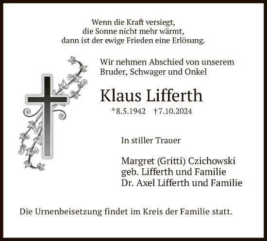 Todesanzeige von Klaus Lifferth von HNA
