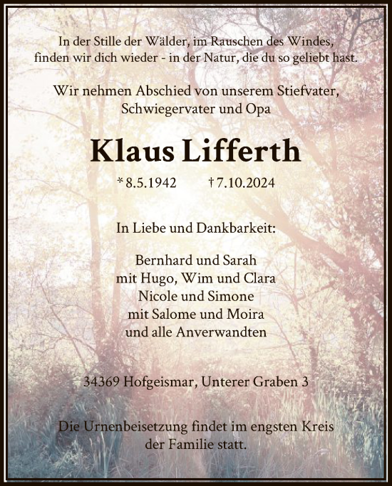 Todesanzeige von Klaus Lifferth von HNAHNA
