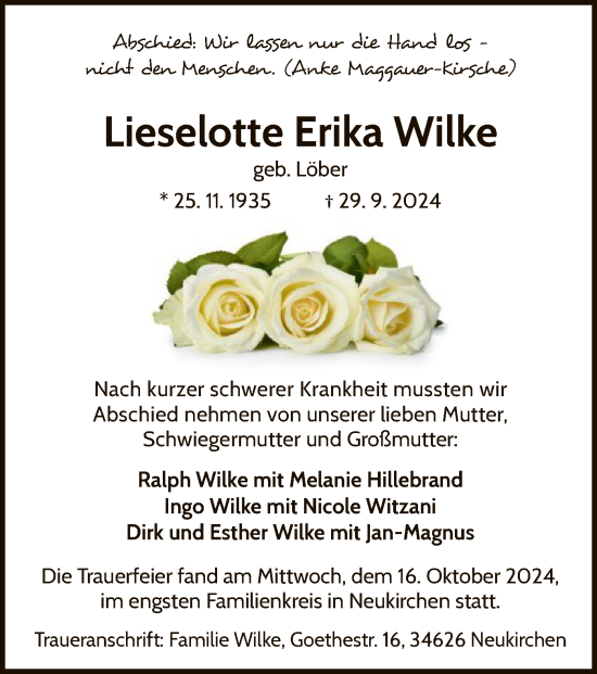 Todesanzeige von Lieselotte Erika Wilke von WLZHNA