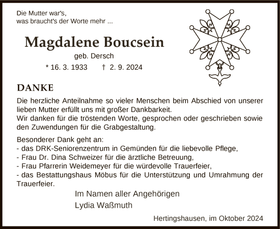 Todesanzeige von Magdalene Boucsein von HNA