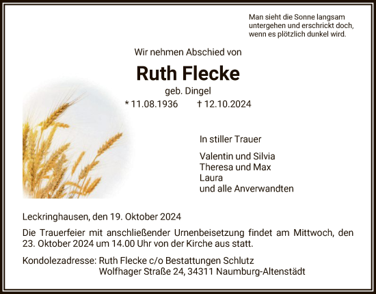 Todesanzeige von Ruth Flecke von HNA
