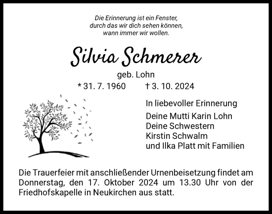 Todesanzeige von Silvia Schmerer von HNA