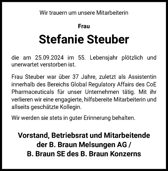 Todesanzeige von Stefanie Steuber von HNA