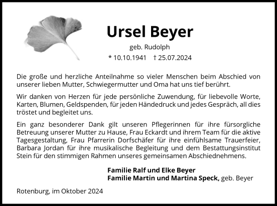 Todesanzeige von Ursel Beyer von HNA